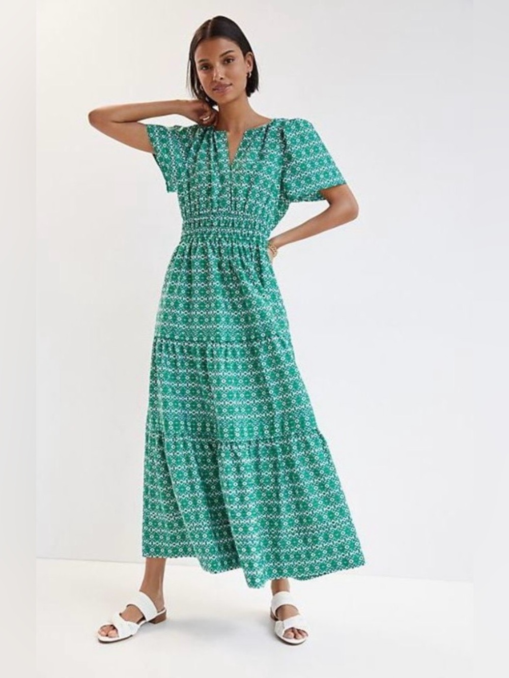 Anthropologie Somerset Tiered Maxi Dress, Green & White, Size Medium, Like New